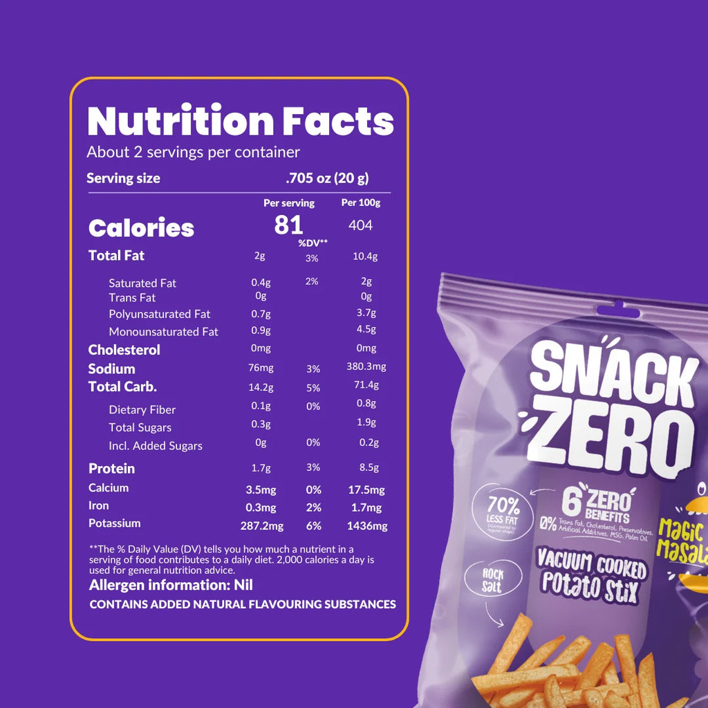 Nutrition facts panel on purple potato stix snack bag