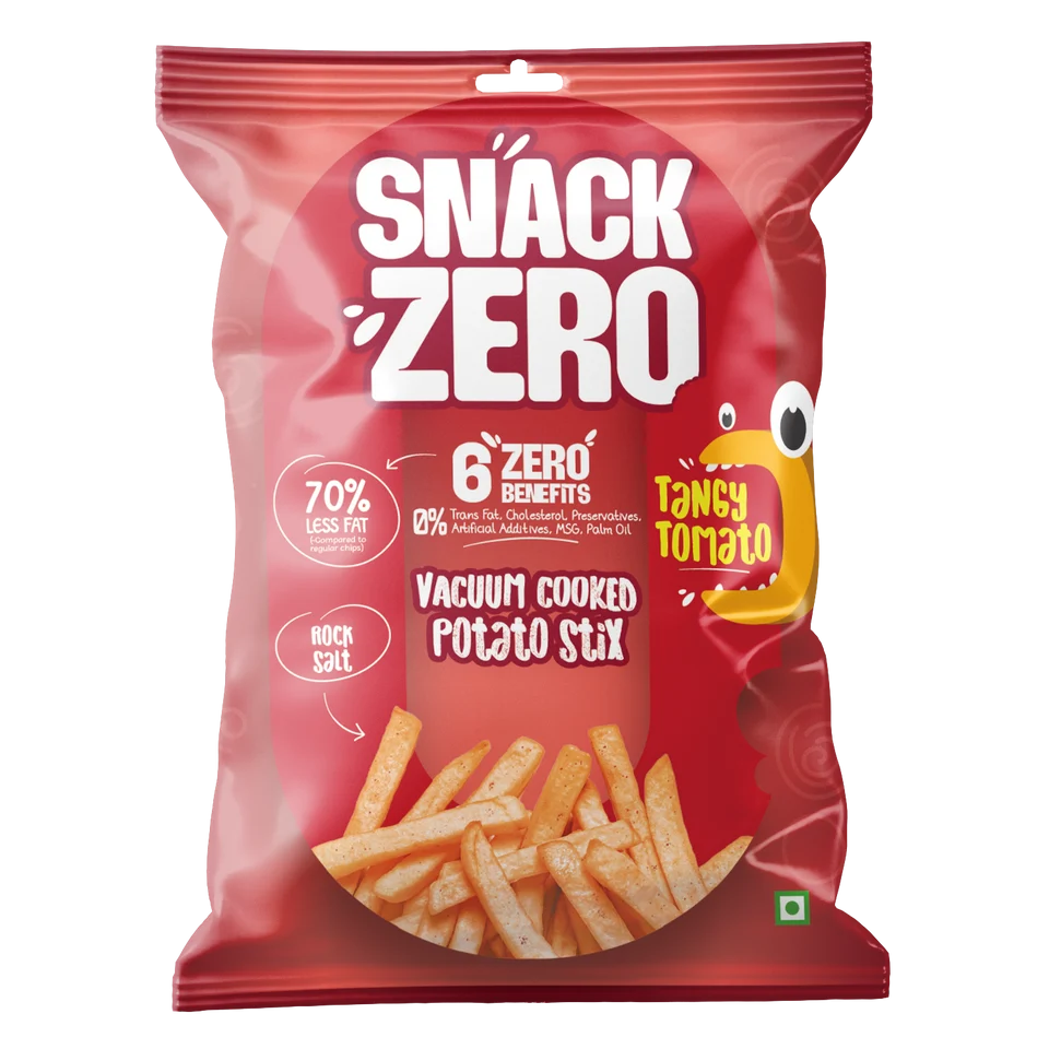 Snack Zero Tangy Tomato vacuum-cooked potato sticks in red stand-up bag