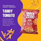 Snack Zero Tangy Tomato potato sticks bag with scattered fries and flavor graphic
