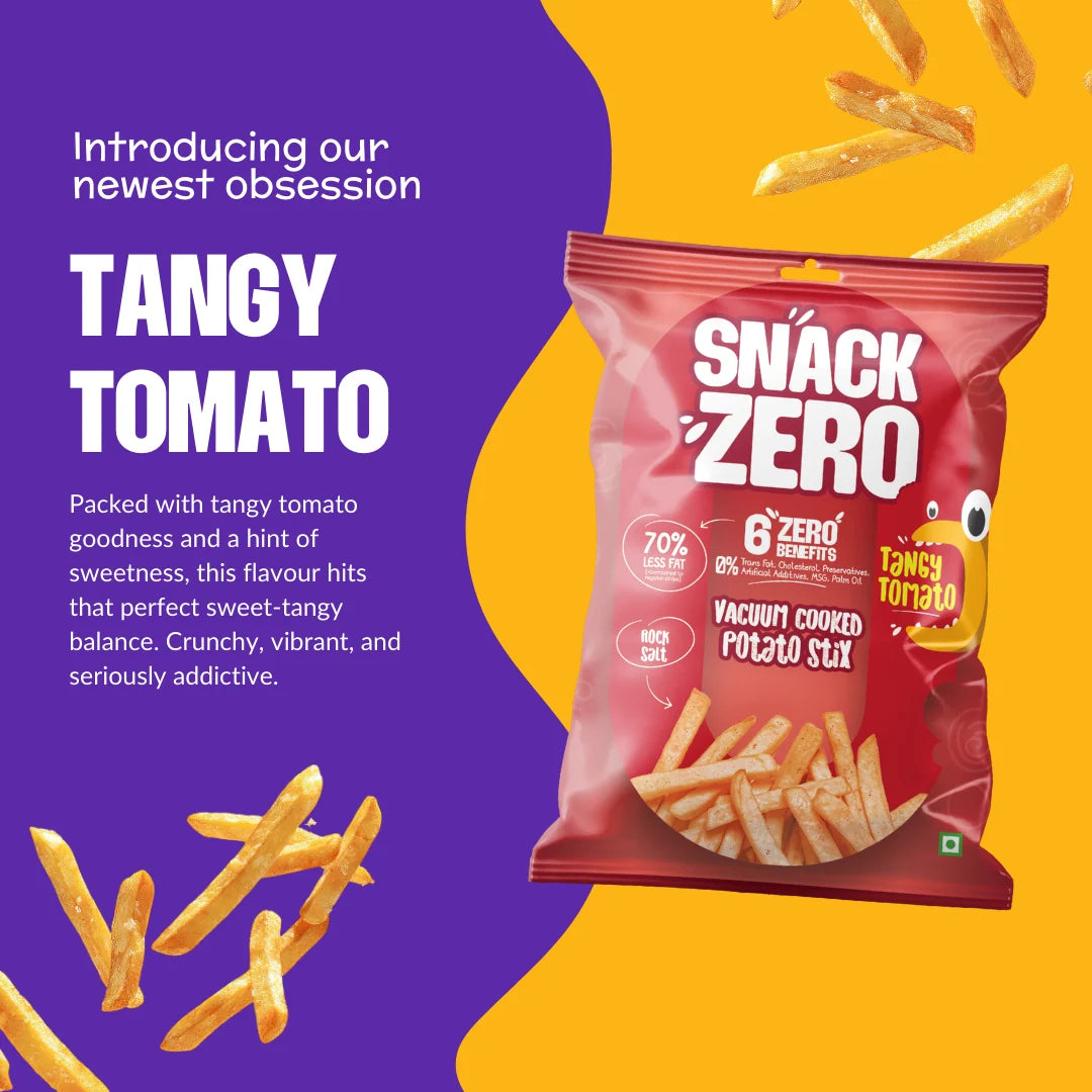 Snack Zero Tangy Tomato potato sticks bag with scattered fries and flavor graphic