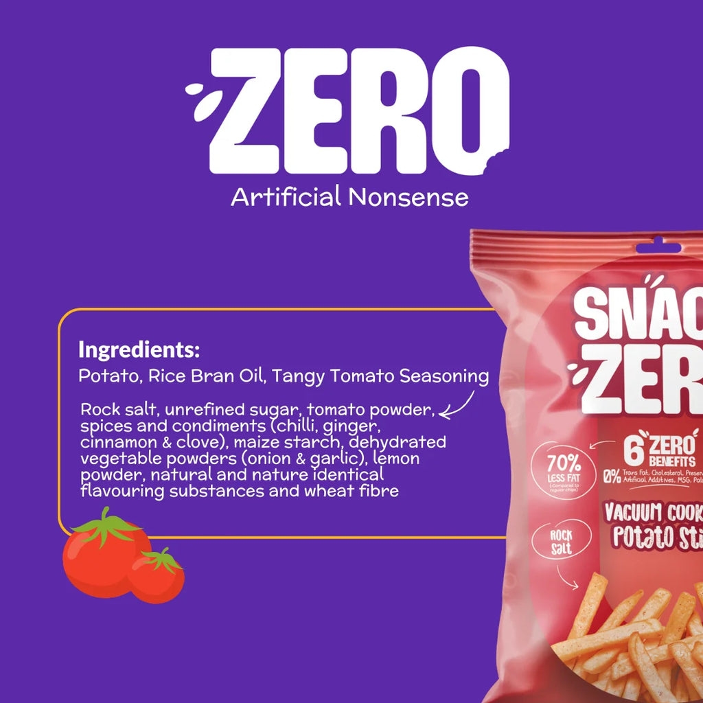 Snack Zero Tangy Tomato ingredients panel on red potato sticks bag