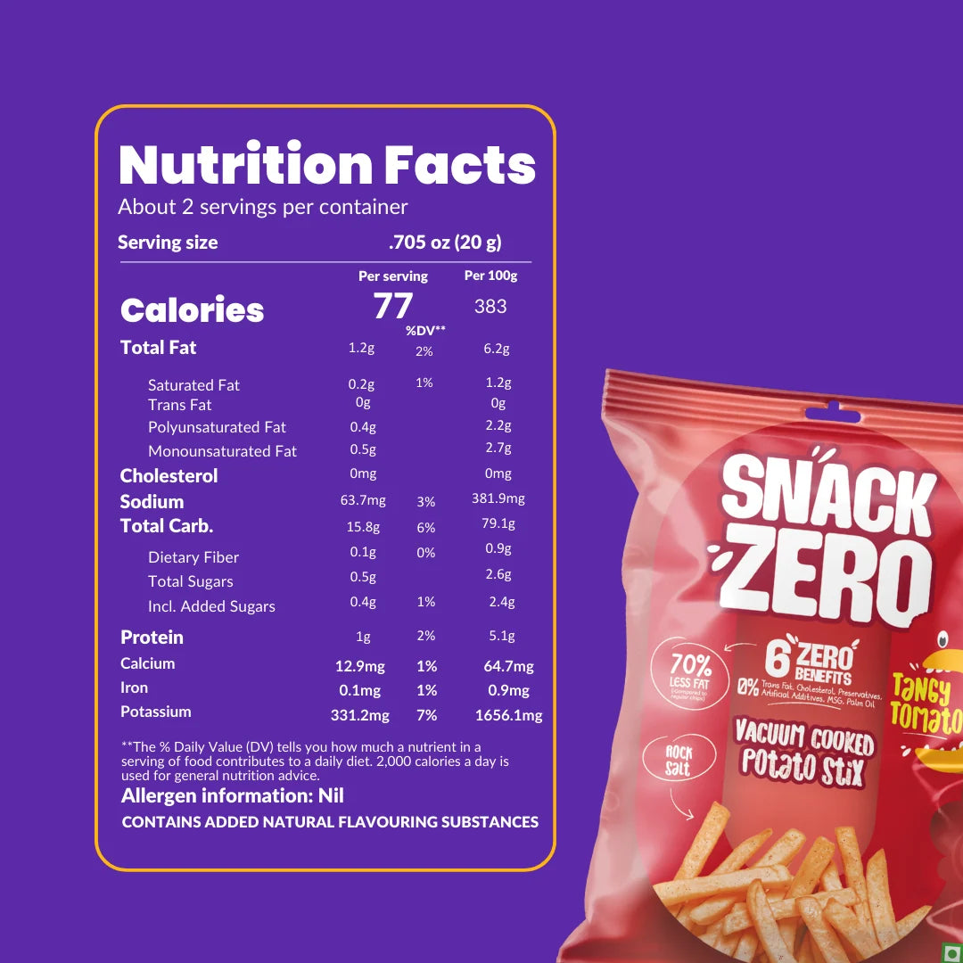 Snack Zero Tangy Tomato nutrition facts panel on red potato sticks bag
