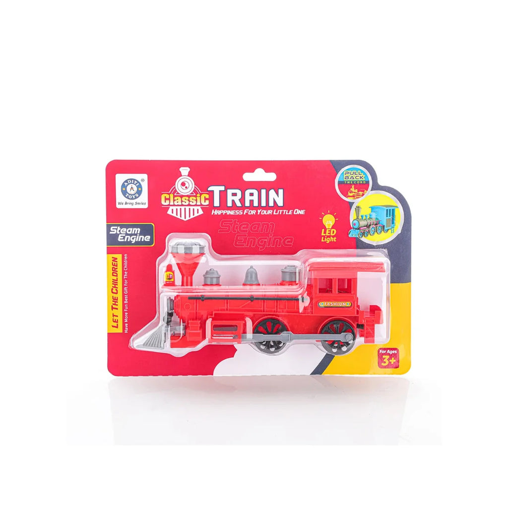Pull back steam train toy with LED lights.