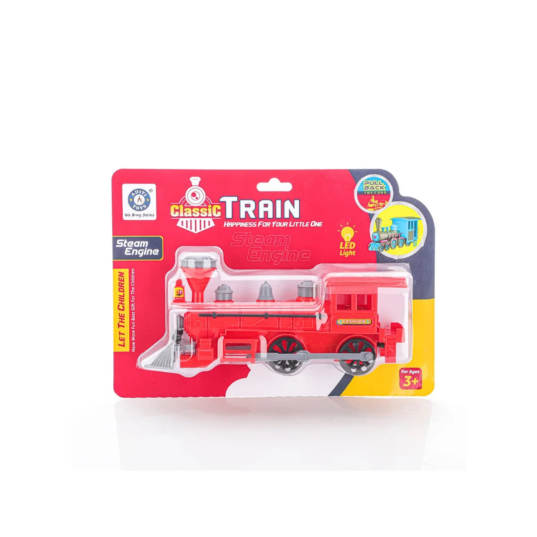 Pull back steam train toy with LED lights.