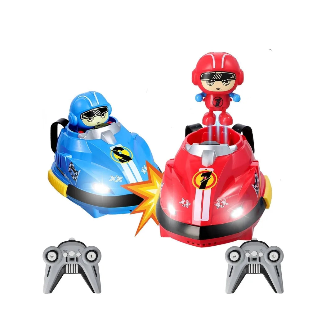 RC bumper cars with jump-out drivers, lights, sounds, and 360° spinning action.
