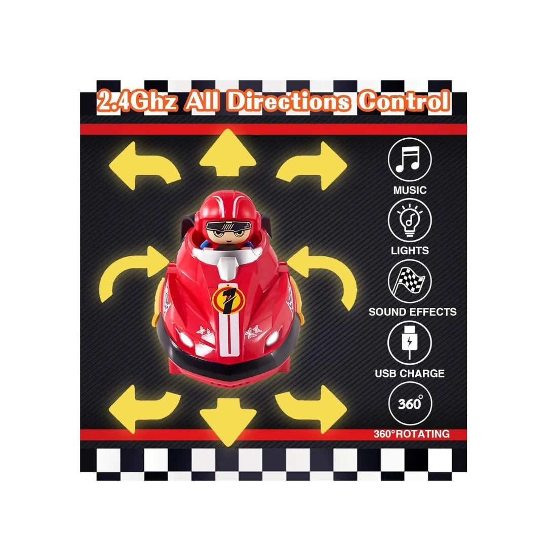 RC bumper cars with jump-out drivers, lights, sounds, and 360° spinning action.
