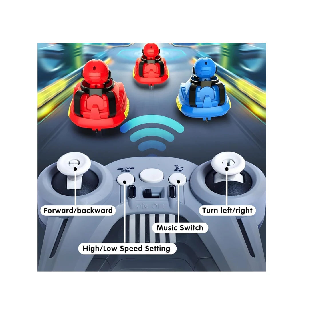RC bumper cars with jump-out drivers, lights, sounds, and 360° spinning action.
