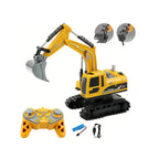 RC excavator digger truck with interchangeable attachments for realistic construction play for kids.
