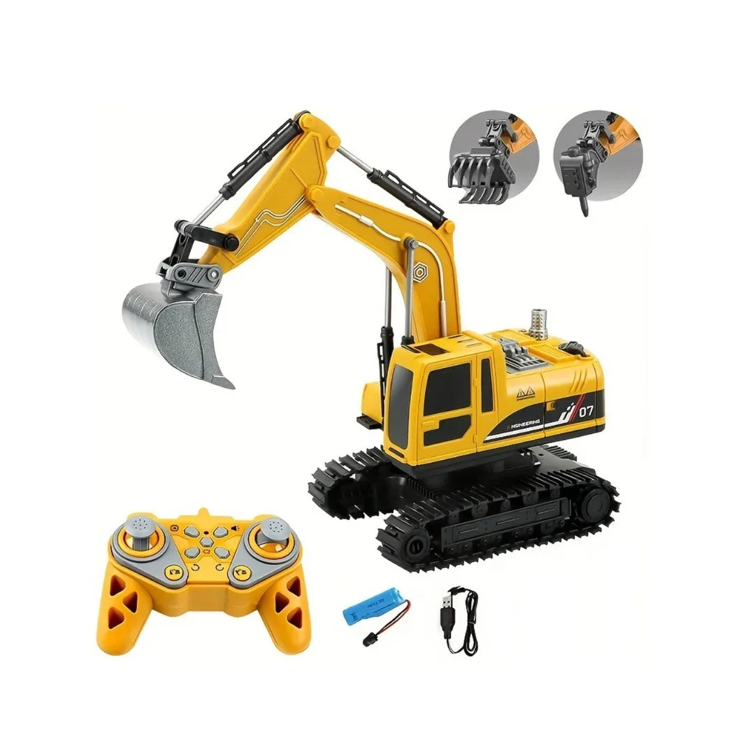 RC excavator digger truck with interchangeable attachments for realistic construction play for kids.
