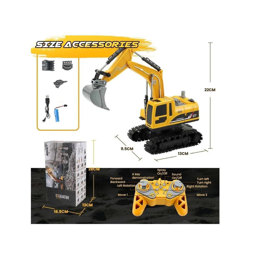 RC excavator digger truck with interchangeable attachments for realistic construction play for kids.

