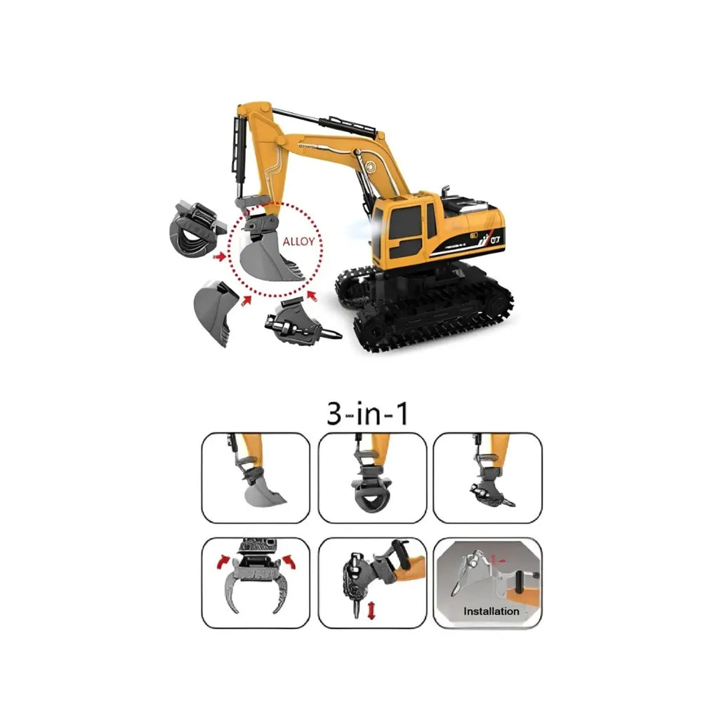 RC excavator digger truck with interchangeable attachments for realistic construction play for kids.