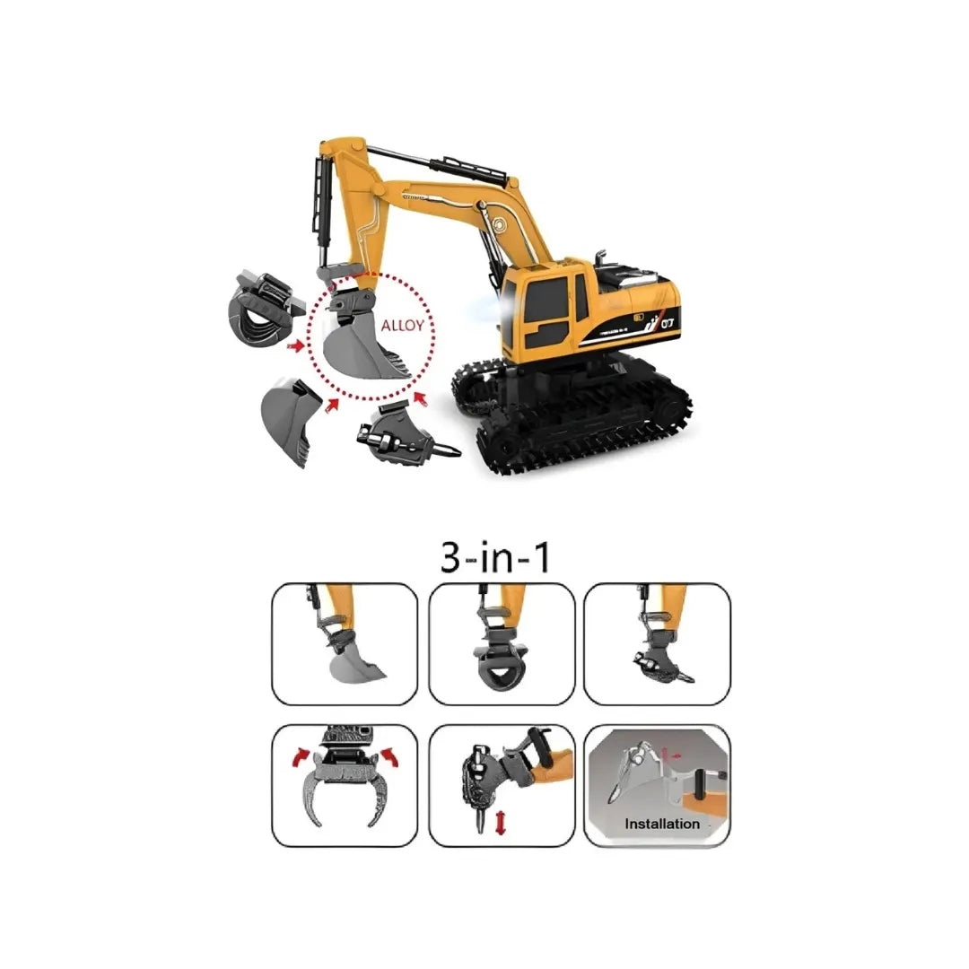 RC excavator digger truck with interchangeable attachments for realistic construction play for kids.