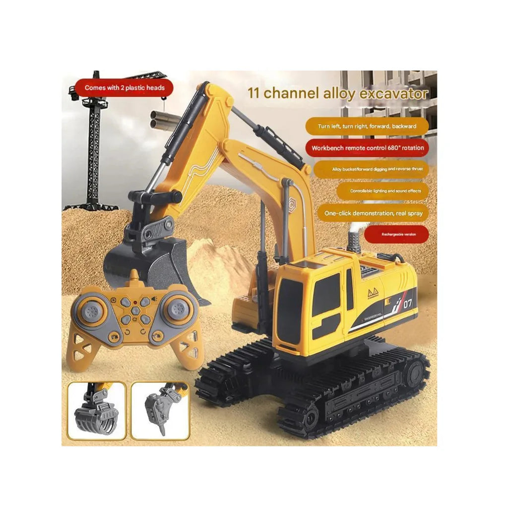 RC excavator digger truck with interchangeable attachments for realistic construction play for kids.