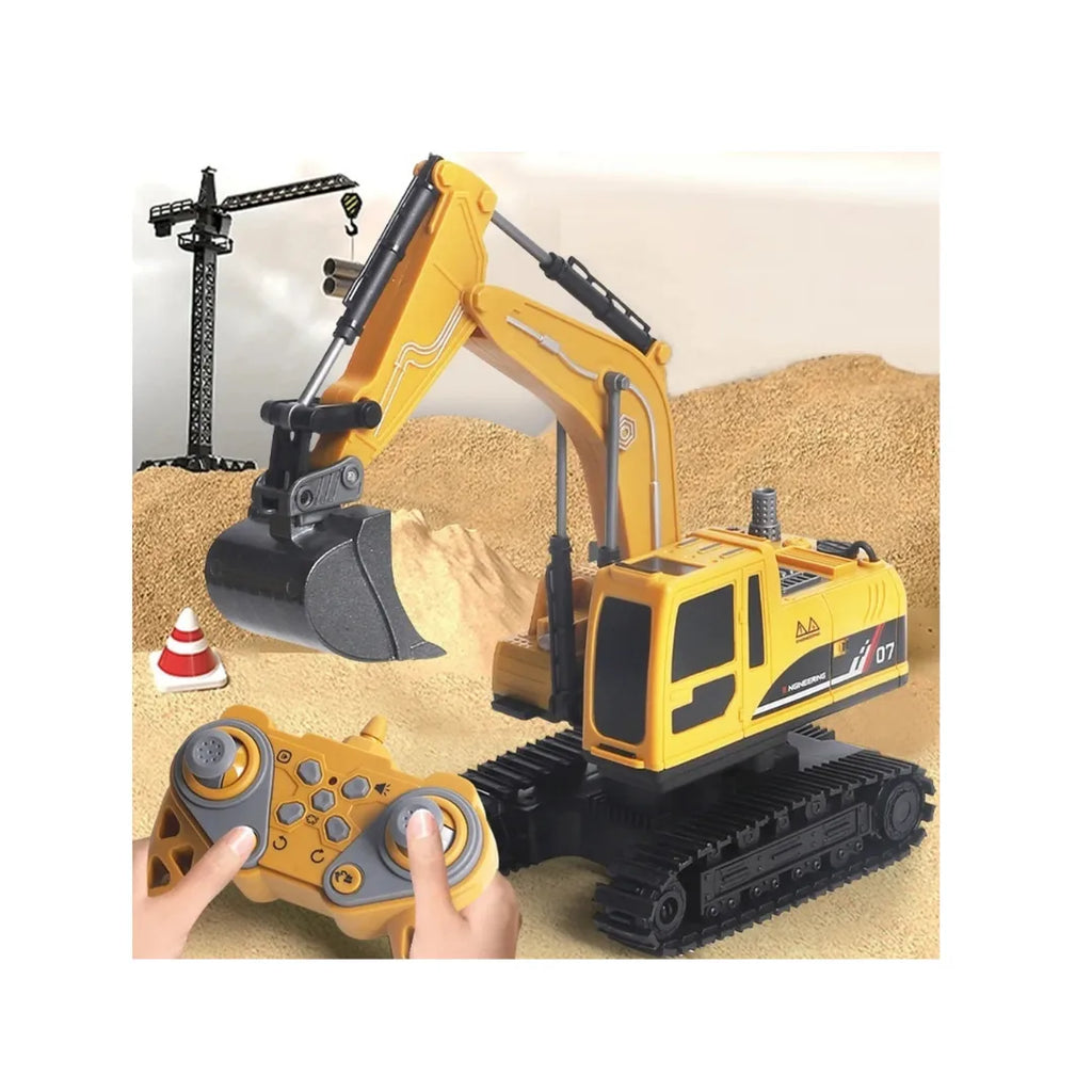 Remote control excavator digger truck with interchangeable attachments for realistic construction play.