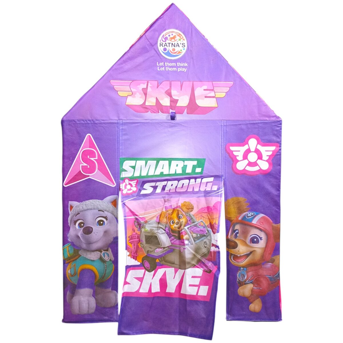 Purple Paw Patrol play tent shown folded flat with character graphics