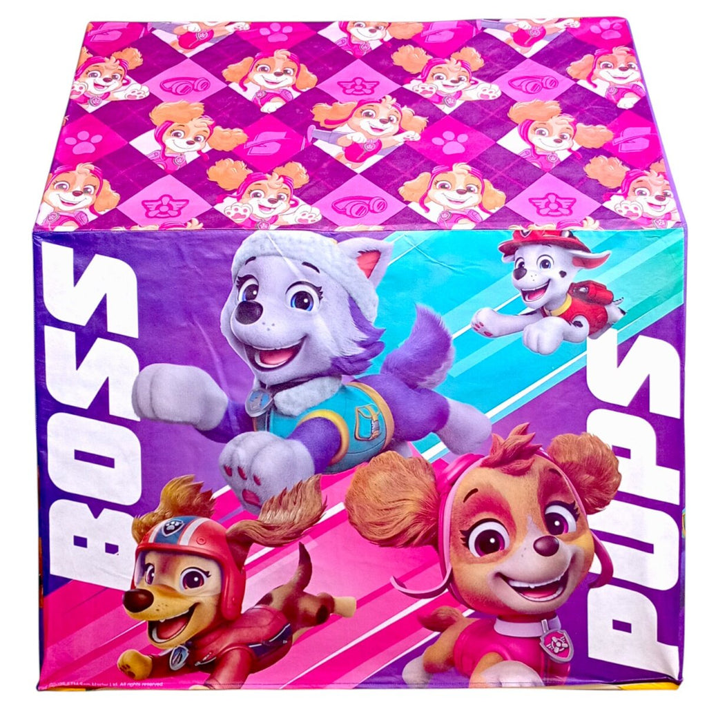 Paw Patrol play tent package with colorful character graphics and pink patterned roof