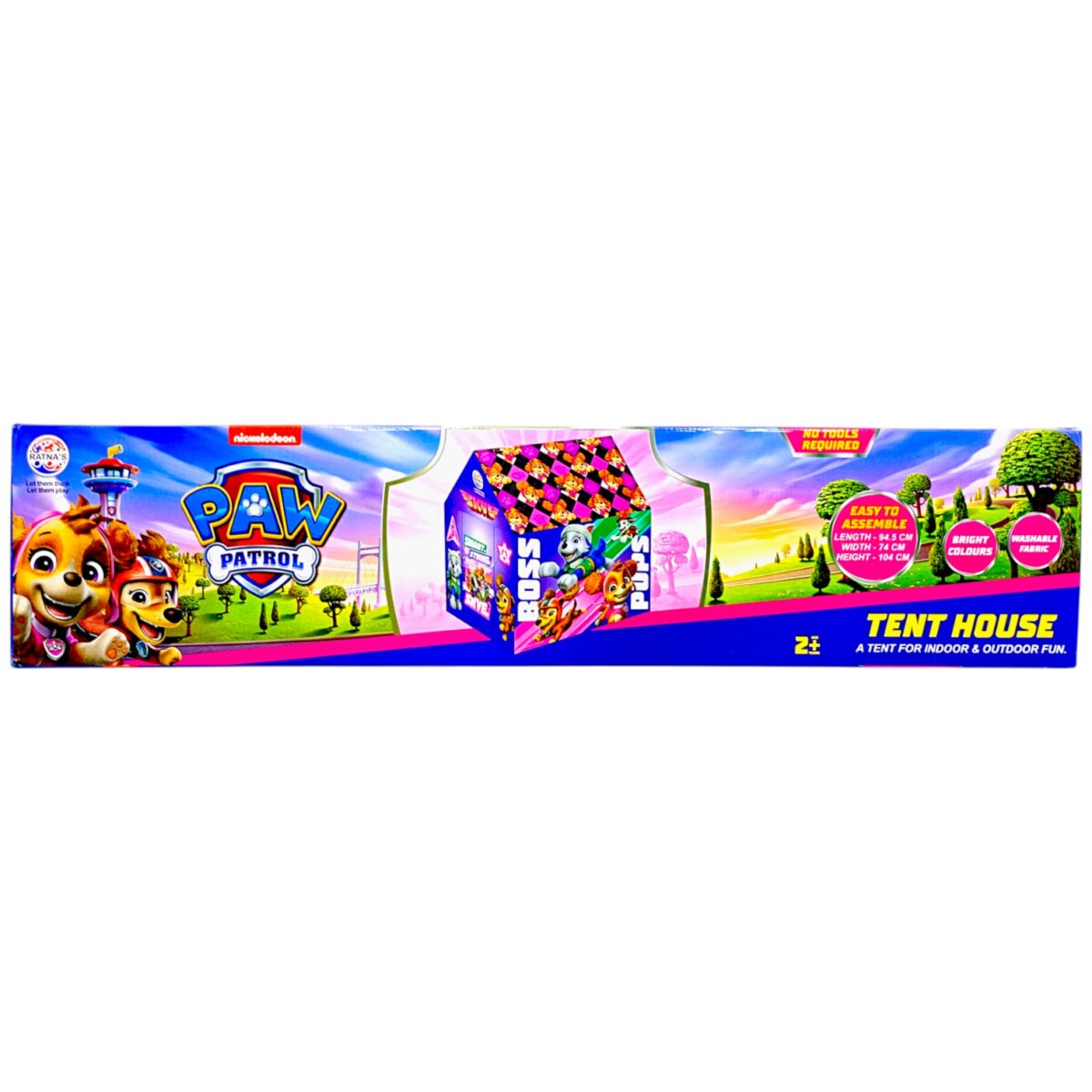 Paw Patrol play tent box showing packaging artwork and tent house label