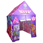 Assembled purple Paw Patrol play tent with peaked roof and open front entrance