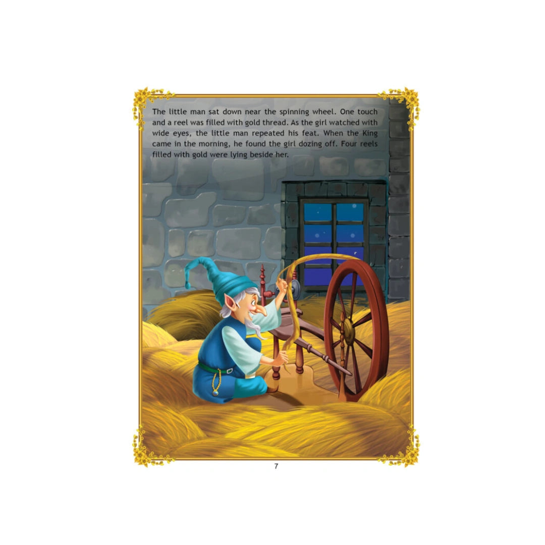Imp spins straw into gold in magical room.