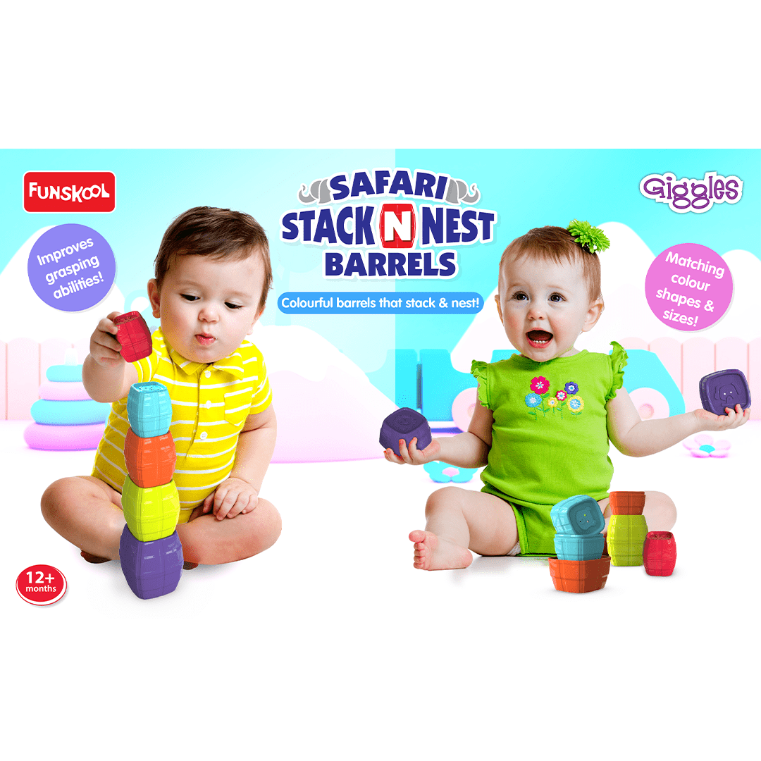 Funskool Toys Funskool Giggles - Safari Stack N Nest Barrels, Multi-colour Stacking Barrels with Animal Faces, Helps to Sort, Stack and Nest, 12 months & above, Infant and Pre School Toys