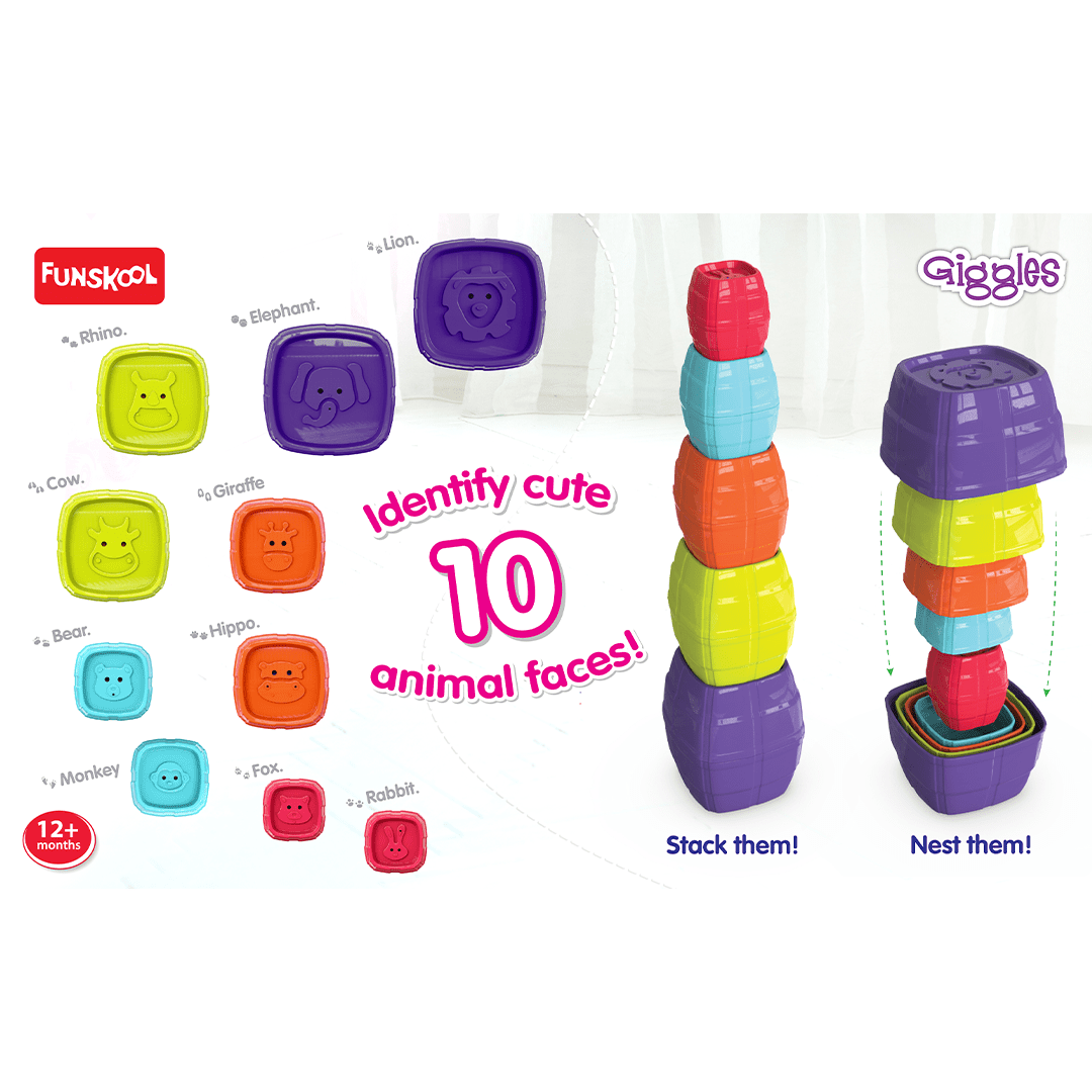 Funskool Toys Funskool Giggles - Safari Stack N Nest Barrels, Multi-colour Stacking Barrels with Animal Faces, Helps to Sort, Stack and Nest, 12 months & above, Infant and Pre School Toys