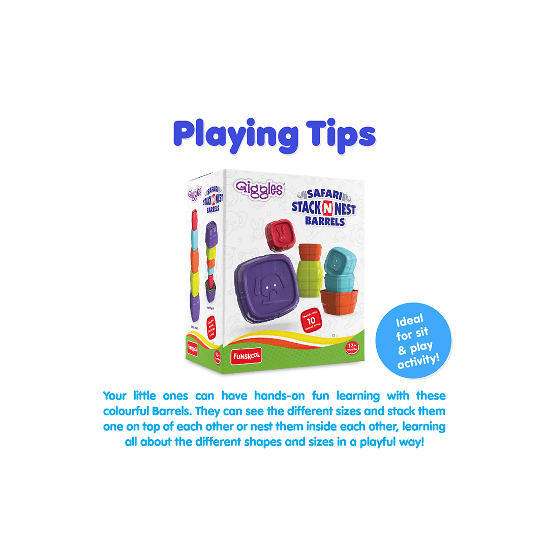 Funskool Toys Funskool Giggles - Safari Stack N Nest Barrels, Multi-colour Stacking Barrels with Animal Faces, Helps to Sort, Stack and Nest, 12 months & above, Infant and Pre School Toys