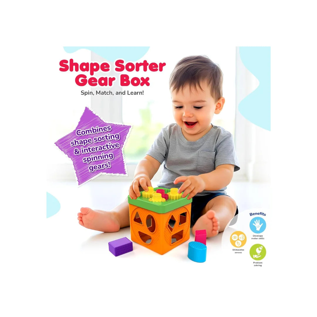Shape Sorter Gear Box,Match & Learn Orange Colour with 4 Gears & 9 Multicolour Shapes,Fun Activity & Development,Educational Toy for Kids ( 6 Months+)