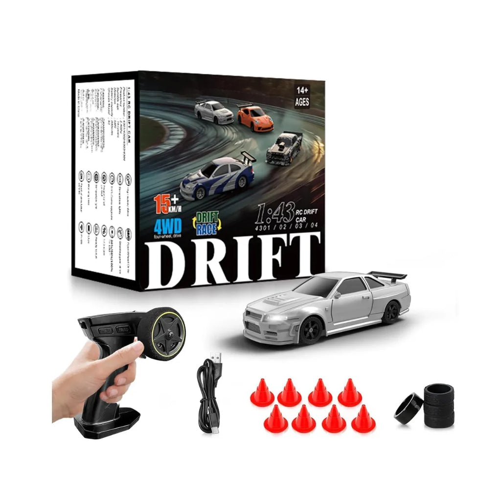 Silver RC drift car with LED lights, drift tires, and remote control racing action.
