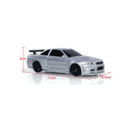Silver RC drift car with LED lights, drift tires, and remote control racing action.

