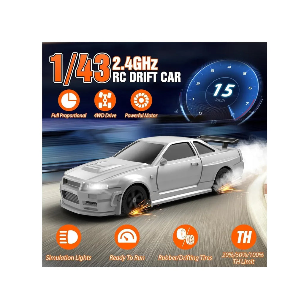 Silver RC drift car with LED lights, drift tires, and remote control racing action.
