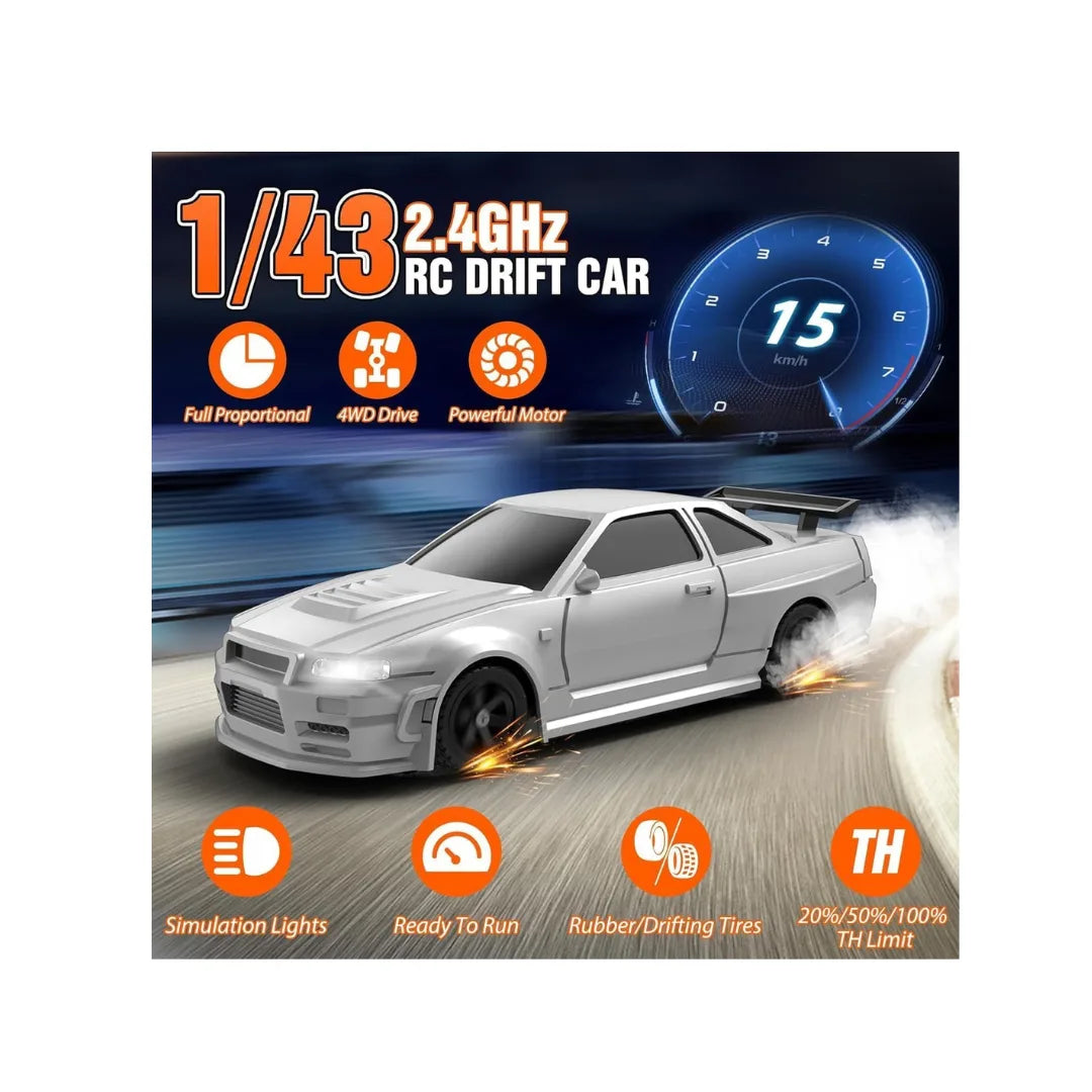 Silver RC drift car with LED lights, drift tires, and remote control racing action.
