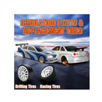 Silver RC drift car with LED lights, drift tires, and remote control racing action.
