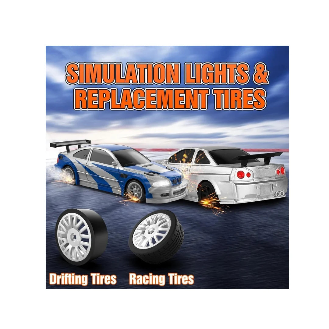 Silver RC drift car with LED lights, drift tires, and remote control racing action.
