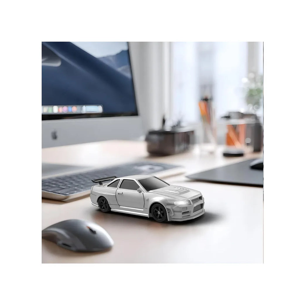 Silver RC drift car with LED lights, drift tires, and remote control racing action.
