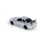 Silver RC drift car with LED lights, drift tires, and remote control racing action.
