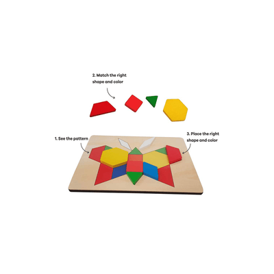 Skillofun Pattern Blocks Skillofun Wooden Pattern Blocks and Boards (120 Shapes, 6 Boards,12 Patterns, Storage Box with lid, 3+ Years)
