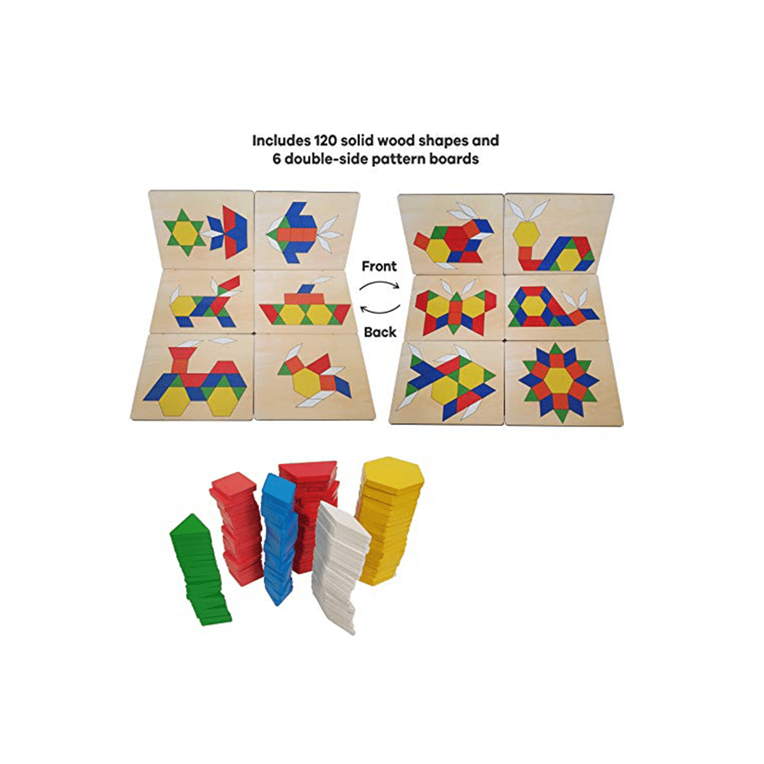 Skillofun Pattern Blocks Skillofun Wooden Pattern Blocks and Boards (120 Shapes, 6 Boards,12 Patterns, Storage Box with lid, 3+ Years)