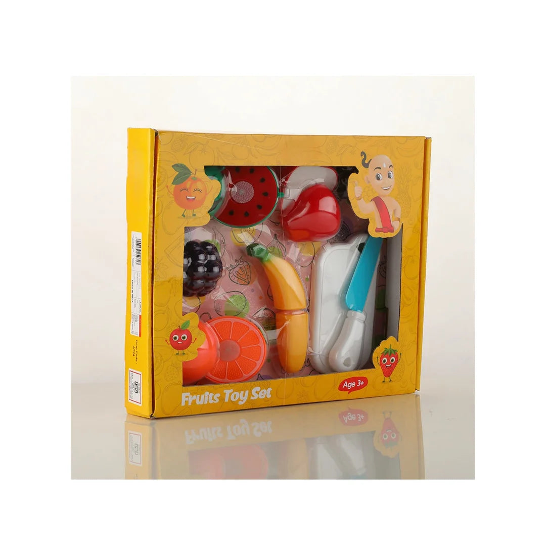 Sliceable fruit cutting play set with toy knife and board.