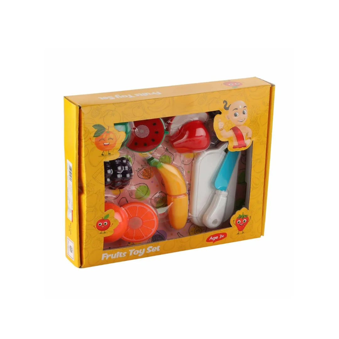 Sliceable fruit cutting play set with toy knife and board.