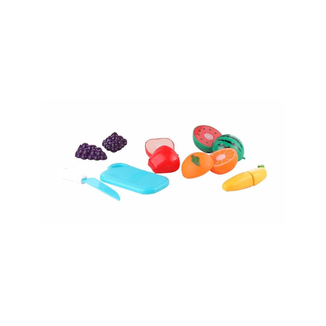 Sliceable fruit cutting play set with toy knife and board.