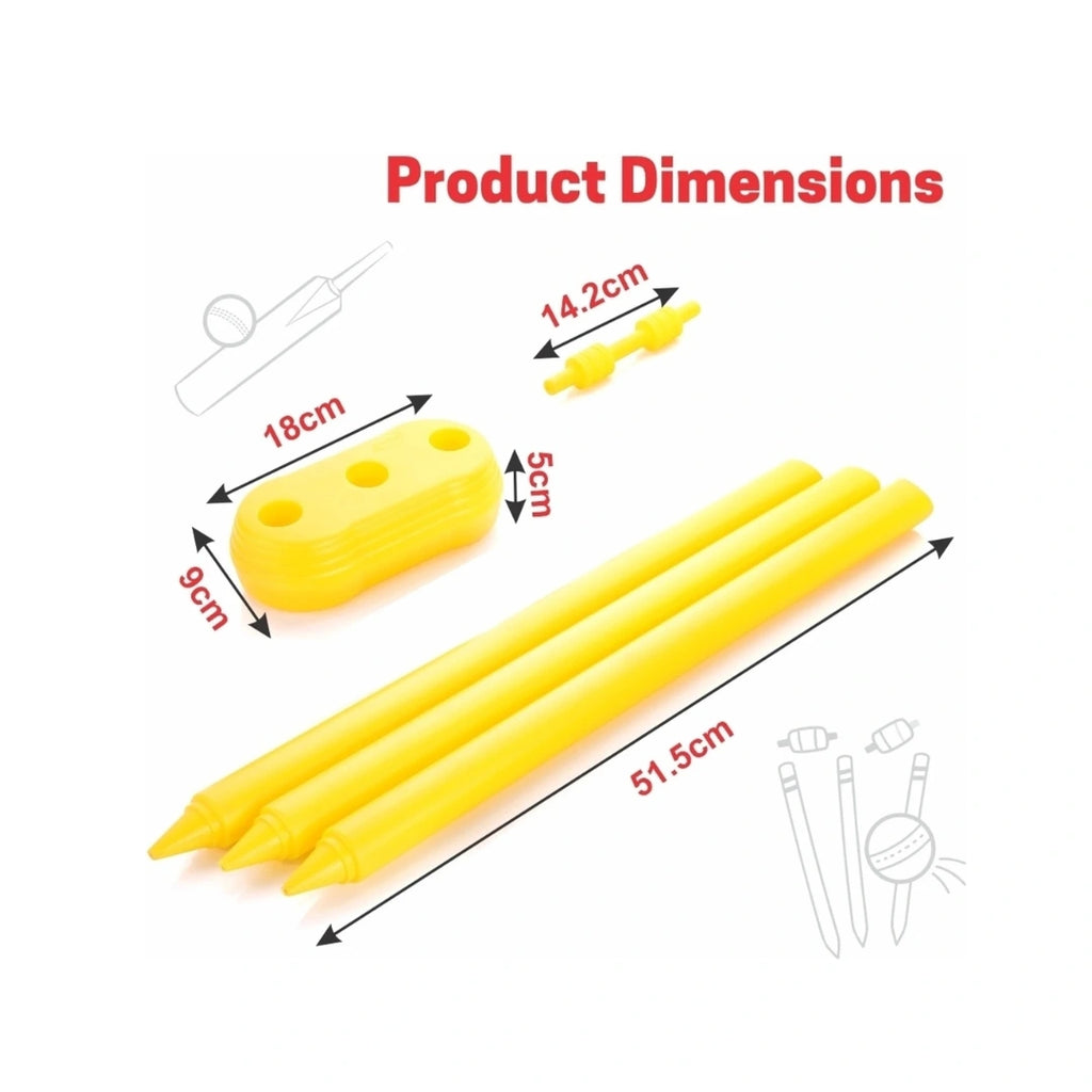 Kids plastic cricket set with bat, ball, stumps, bails, and base stand.
