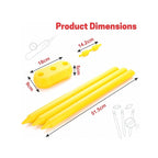 Kids plastic cricket set with bat, ball, stumps, bails, and base stand.
