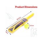 Kids plastic cricket set with bat, ball, stumps, bails, and base stand.
