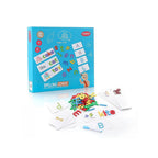 Wooden spelling game with alphabet blocks for kids learning.
