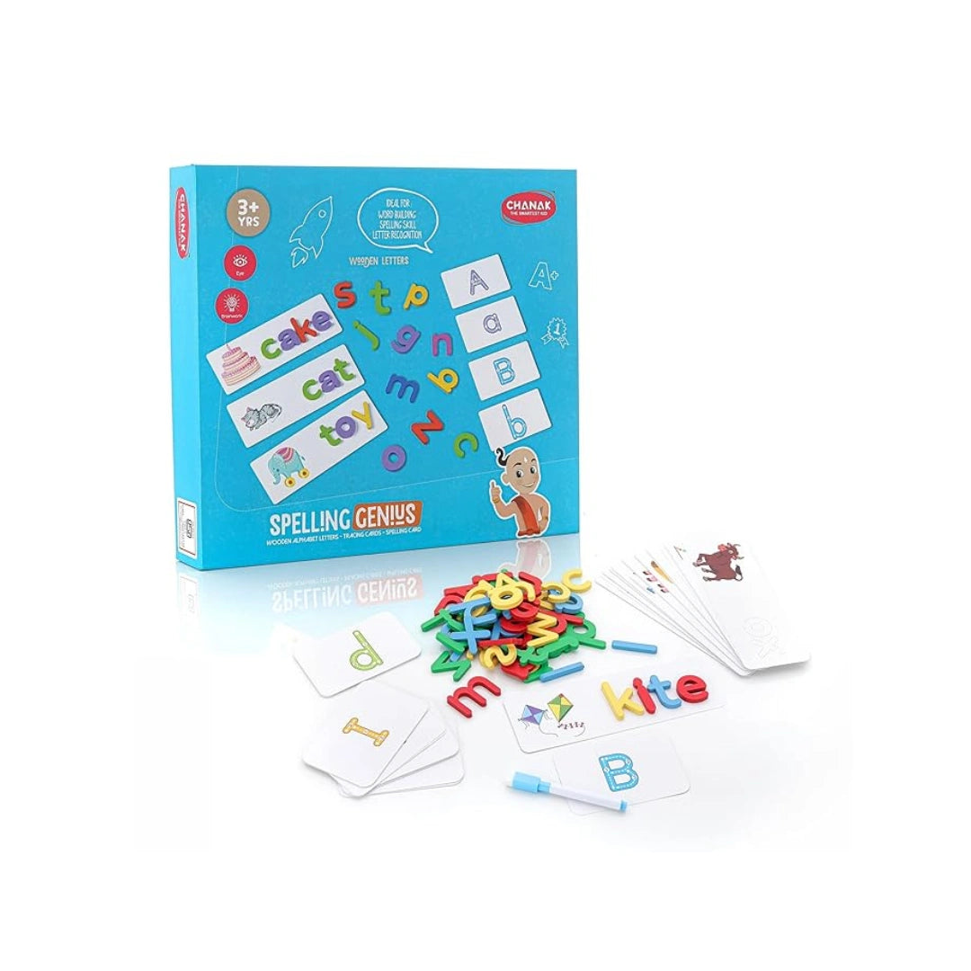 Wooden spelling game with alphabet blocks for kids learning.
