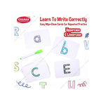 Wooden spelling game with alphabet blocks for kids learning.
