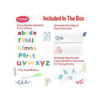 Wooden spelling game with alphabet blocks for kids learning.
