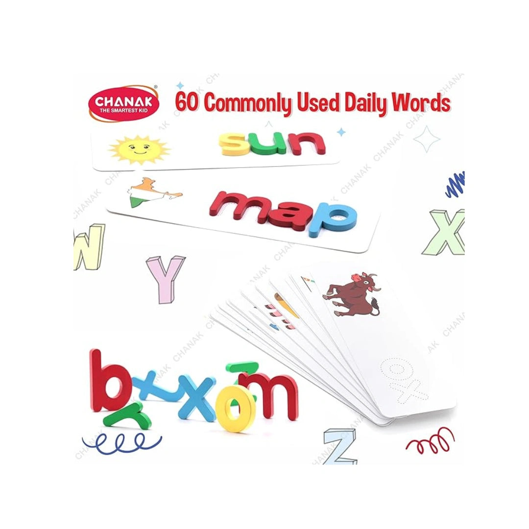 Wooden spelling game with alphabet blocks for kids learning.
