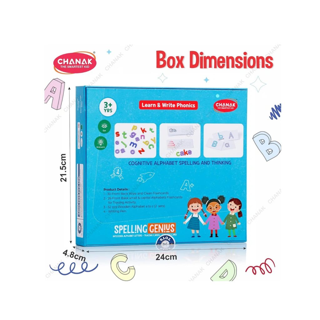 Wooden spelling game with alphabet blocks for kids learning.
