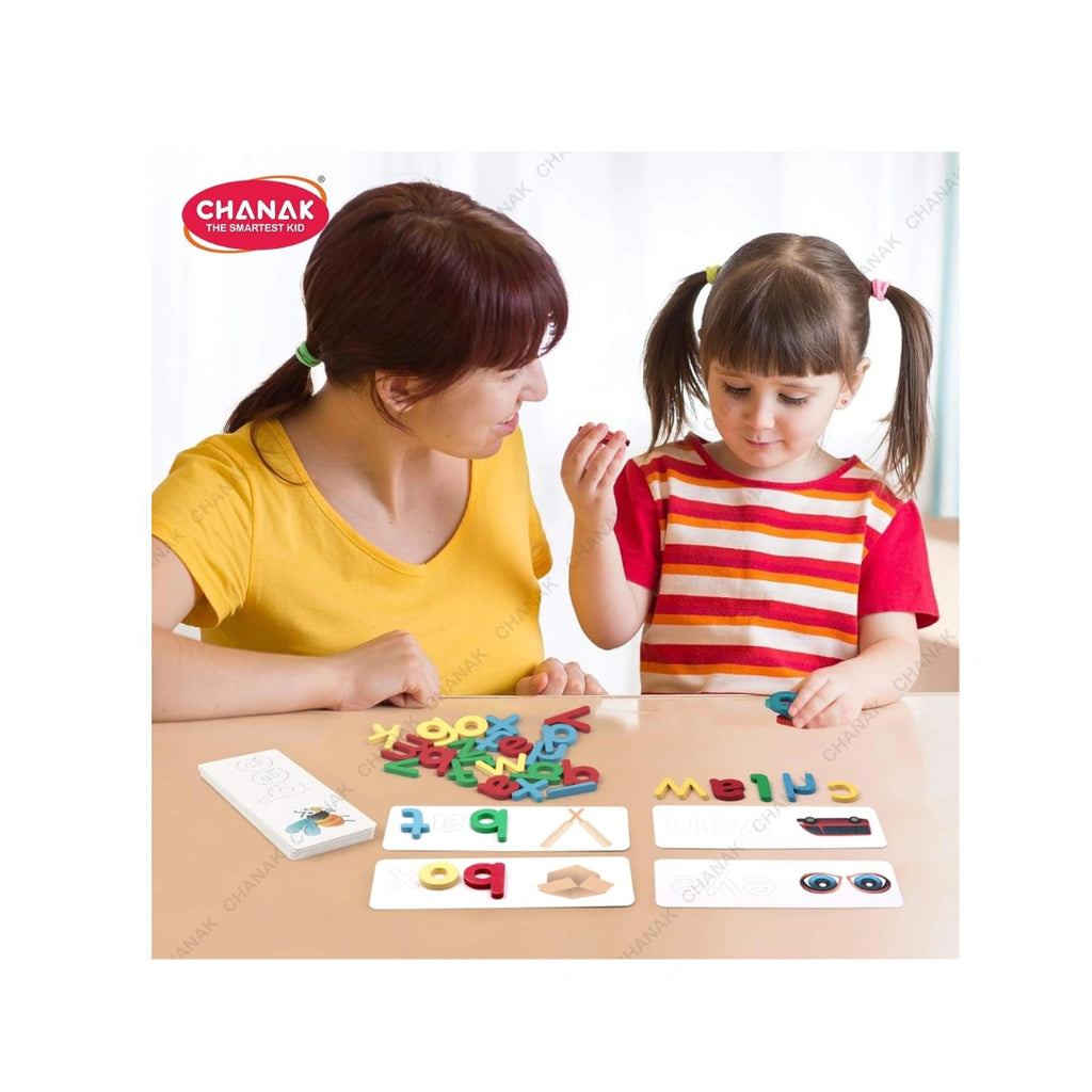 Wooden spelling game with alphabet blocks for kids learning.
